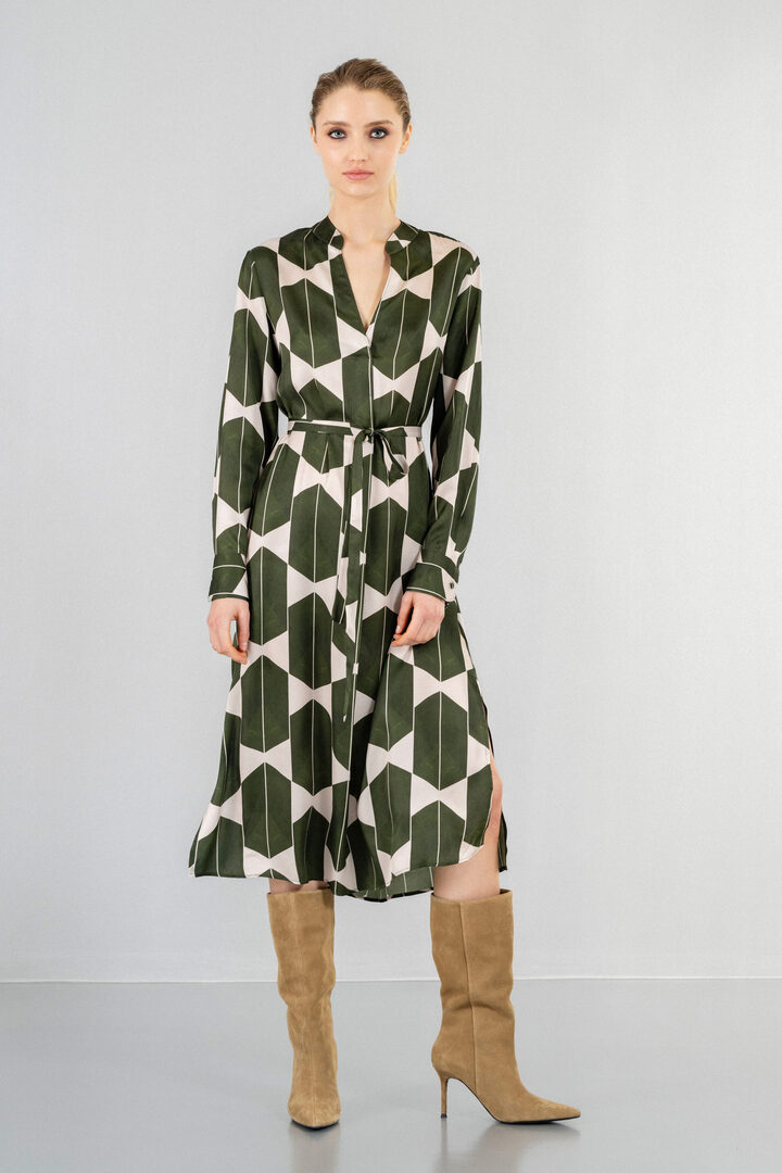 SATIN PRINT MIDI DRESS KHAKI