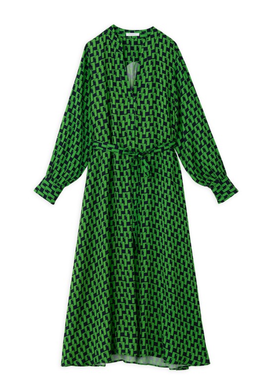 SATIN PRINT LONG SLEEVE DRESS GREEN