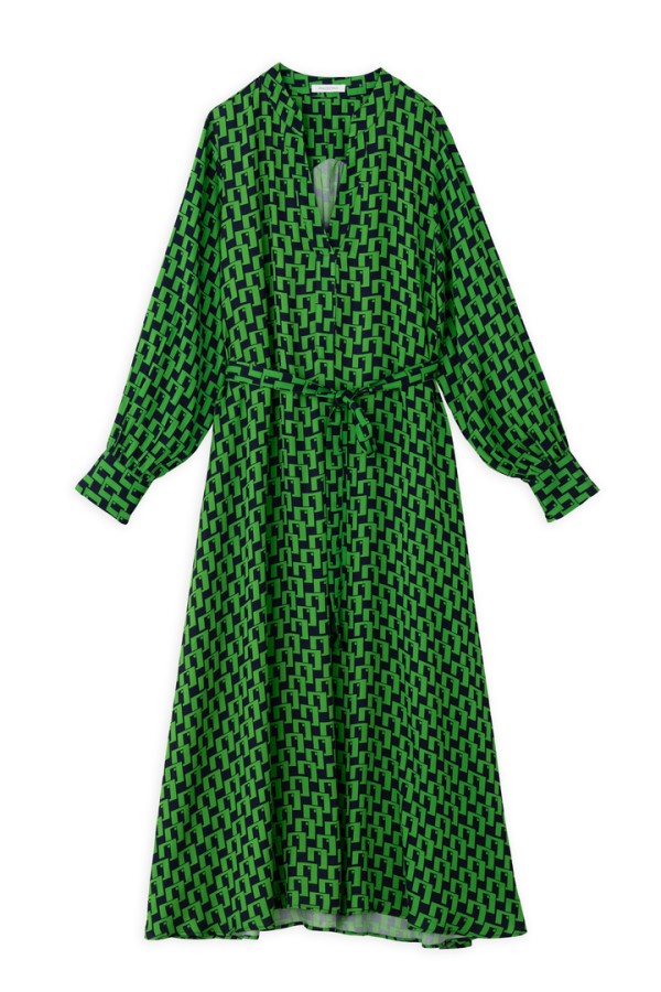SATIN PRINT LONG SLEEVE DRESS GREEN