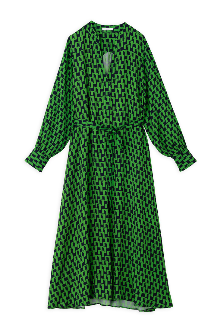 SATIN PRINT LONG SLEEVE DRESS GREEN