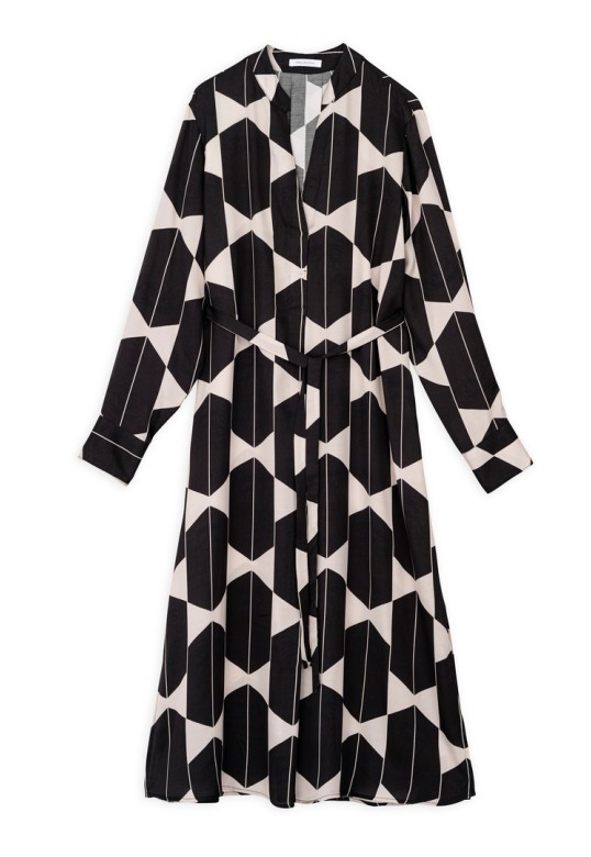 SATIN PRINT MIDI DRESS BLUE BLACK