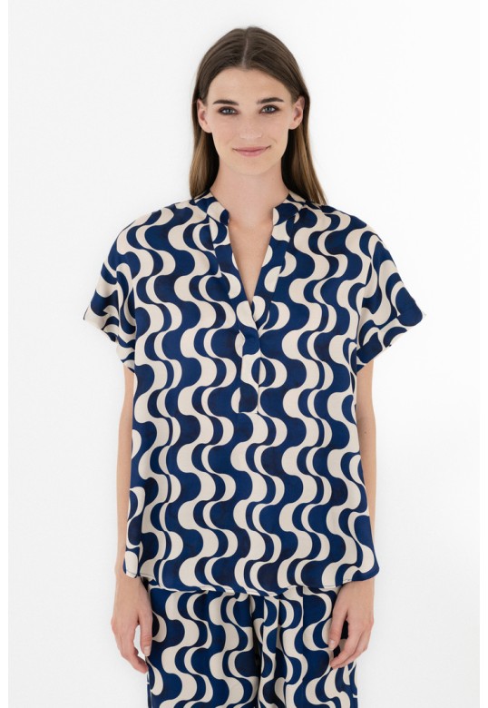 SATIN PRINT SHORT SLEEVE BLOUSE BLUE
