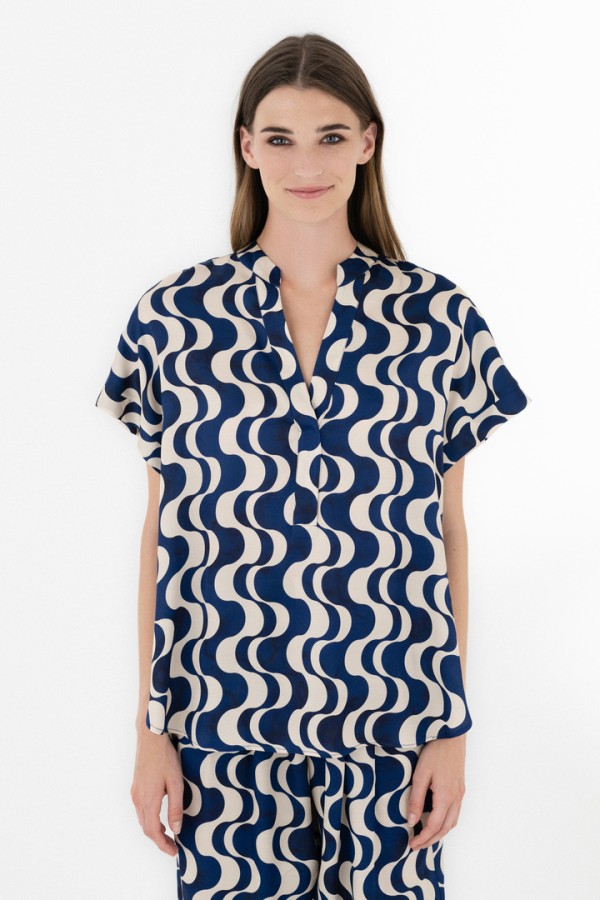 SATIN PRINT SHORT SLEEVE BLOUSE BLUE