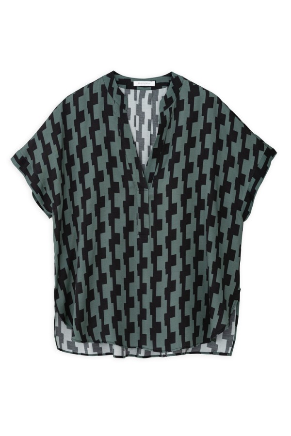 SATIN PRINT SHORT SLEEVE BLOUSE DARK GREEN