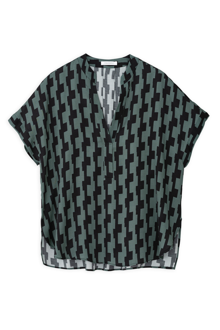 SATIN PRINT SHORT SLEEVE BLOUSE DARK GREEN