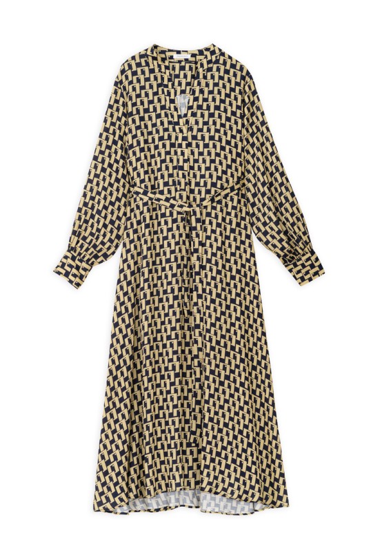 SATIN PRINT LONG SLEEVE DRESS YELLOW