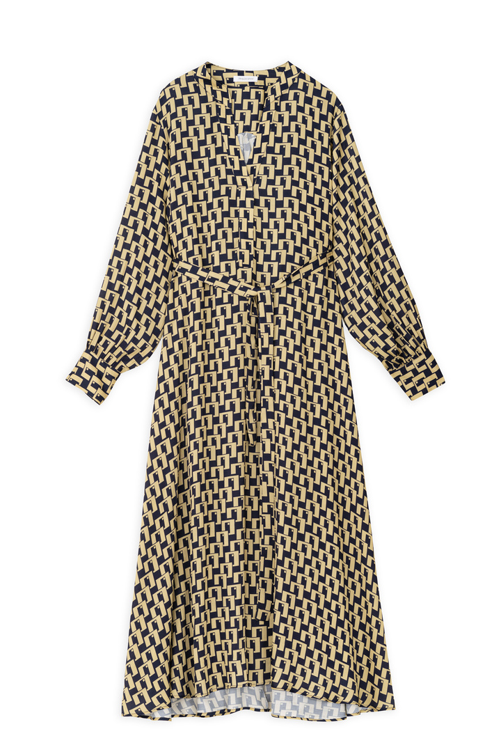 SATIN PRINT LONG SLEEVE DRESS YELLOW