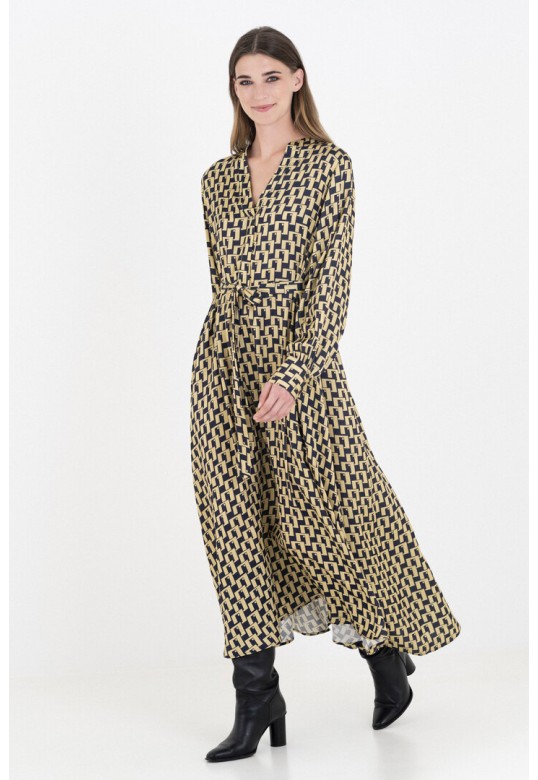 SATIN PRINT LONG SLEEVE DRESS YELLOW