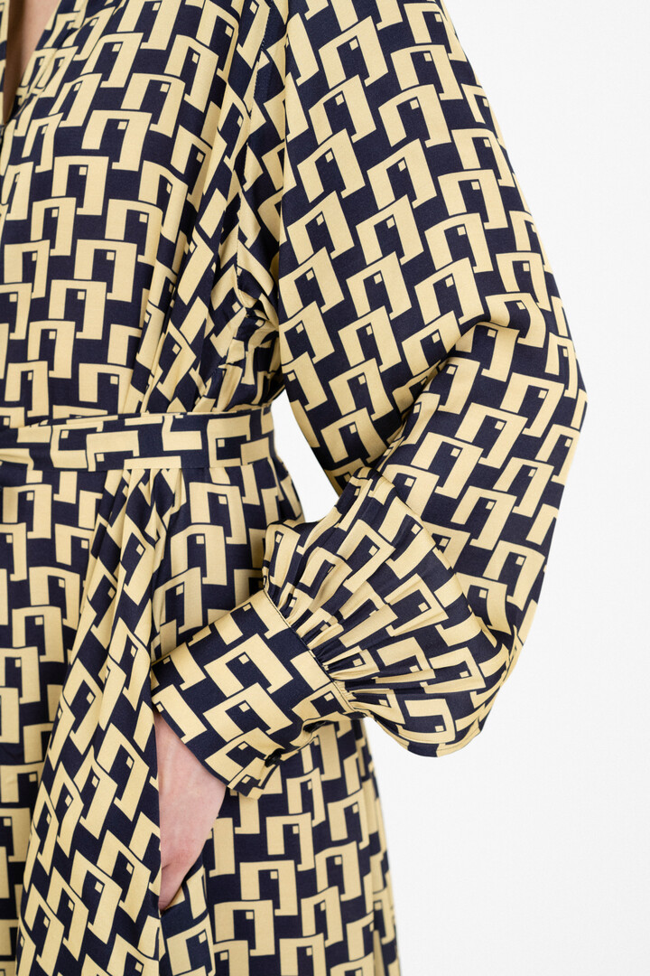 SATIN PRINT LONG SLEEVE DRESS YELLOW