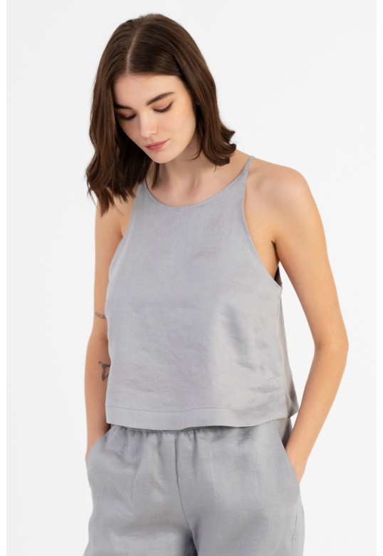 TWILL LINEN STRAPPED CROPPED TOP LIGHT GREY
