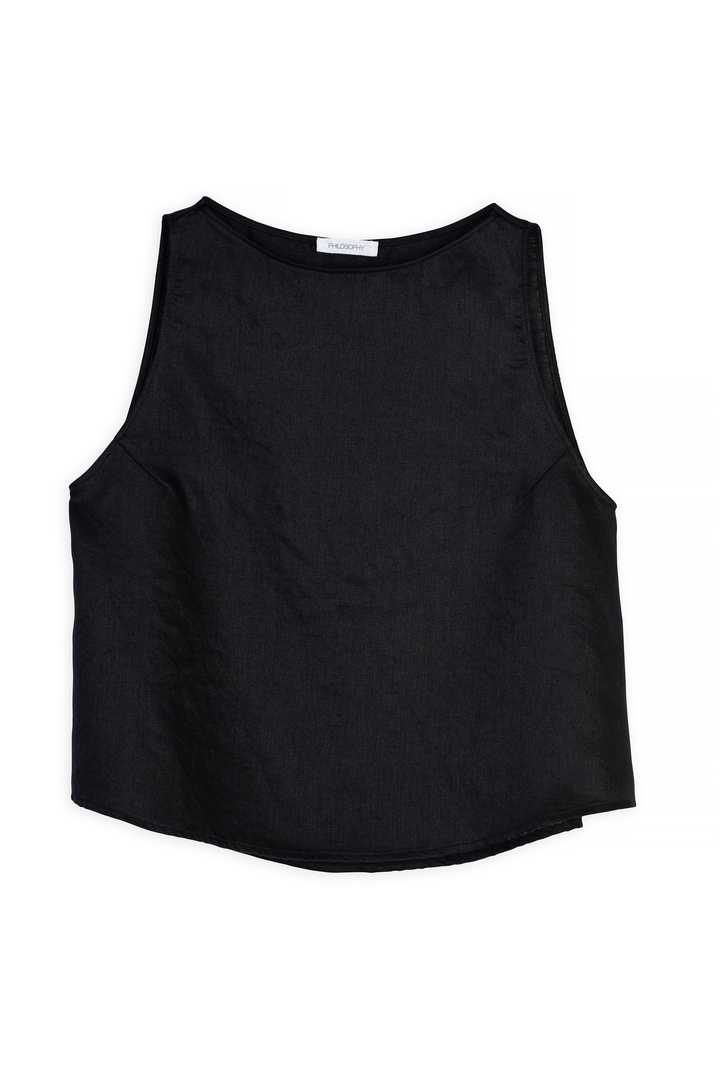 TWILL LINEN BOAT NECK CROPPED TOP BLACK