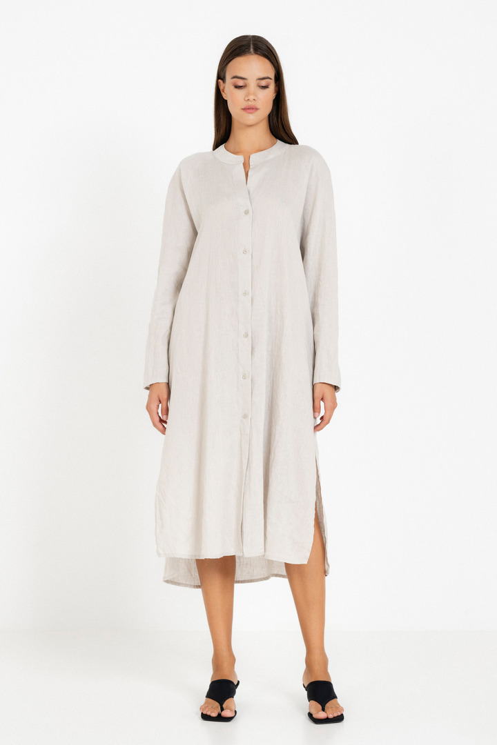 LINEN LONG SLEEVE DRESS LIGHT BEIGE