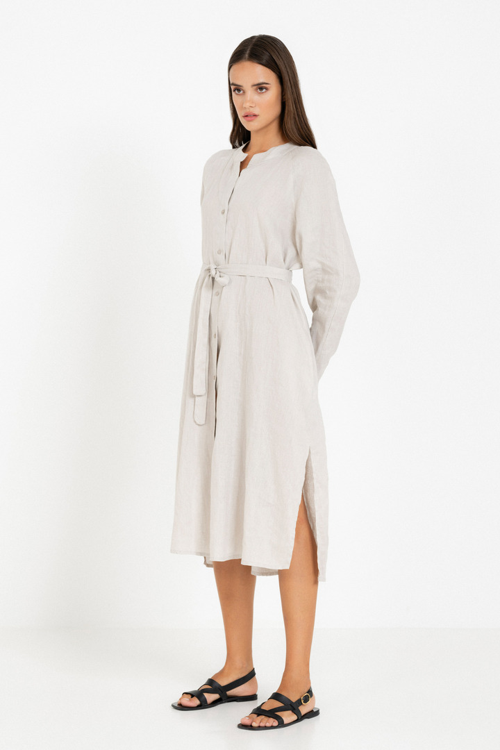 LINEN LONG SLEEVE DRESS LIGHT BEIGE