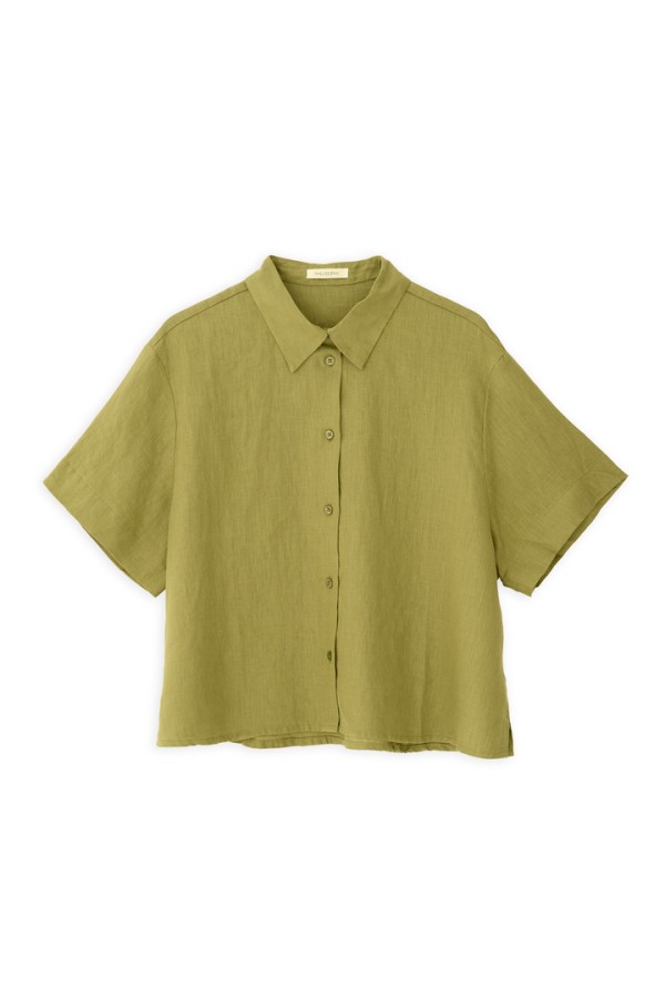 LINEN SHORT SLEEVE CROPPED SHIRT GREEN