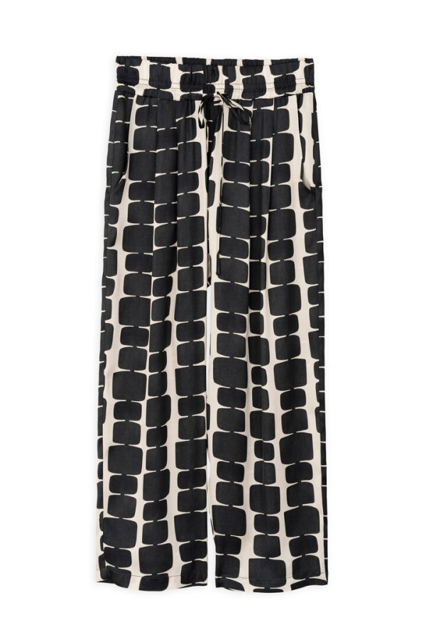 SATIN PRINT PLEATED PANTS BLACK