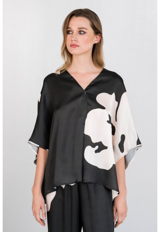 SATIN PRINT OVERSIZED BLOUSE OFF BLACK