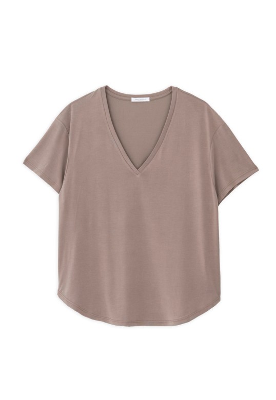 BASIC CUPRO V NECK TOP TAUPE