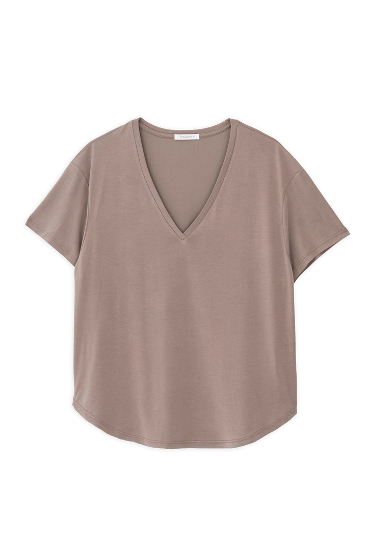 BASIC CUPRO V NECK TOP TAUPE