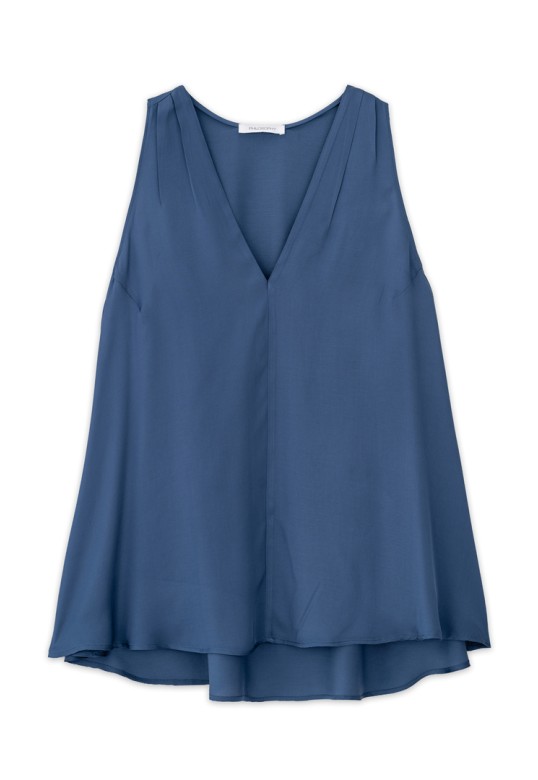 SATIN FINE ECOVERO V NECK TOP BLUE