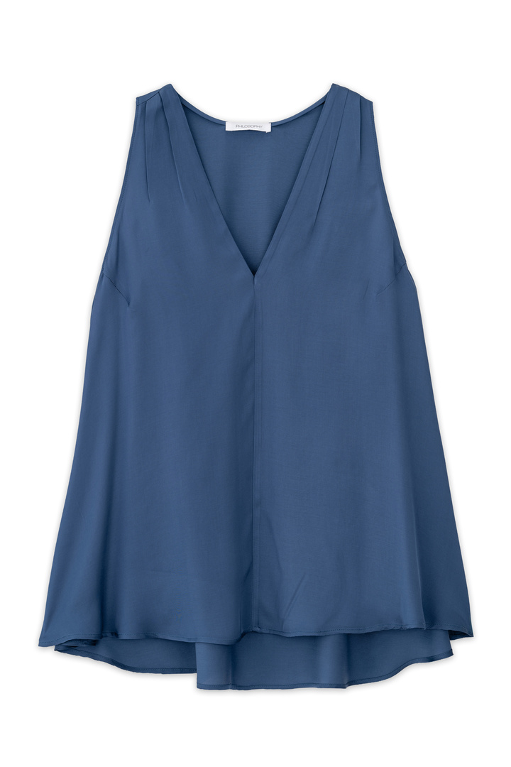 SATIN FINE ECOVERO V NECK TOP BLUE