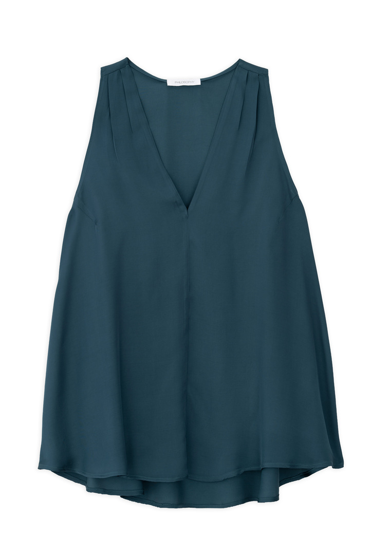 SATIN FINE ECOVERO V NECK TOP DARK EMERALD