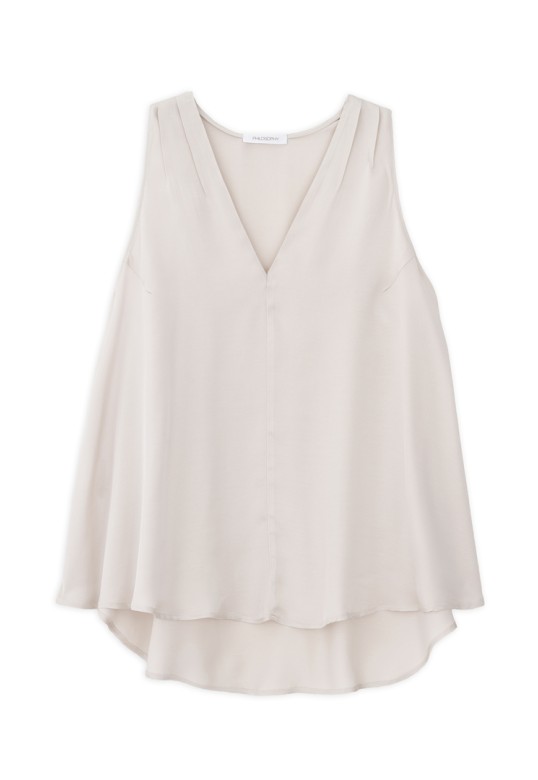 SATIN FINE ECOVERO V NECK TOP DUSTY WHITE