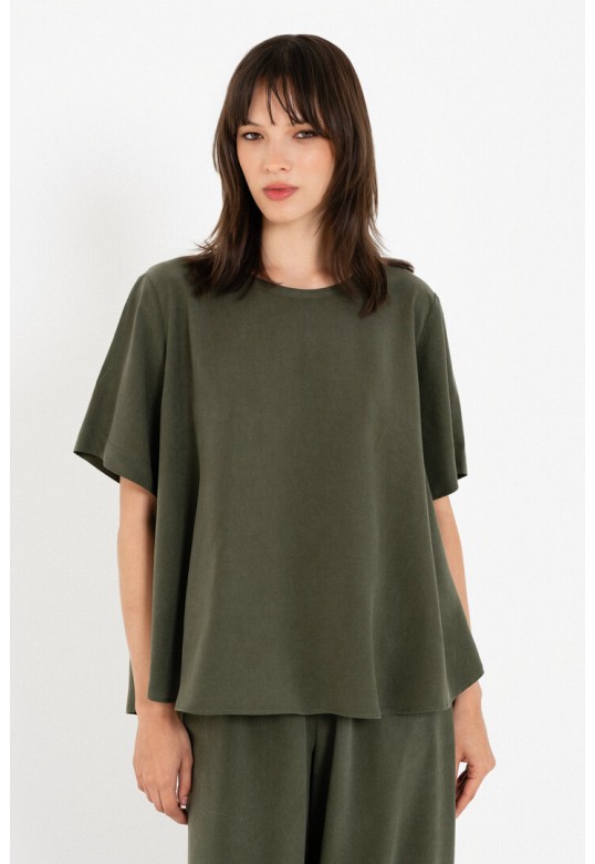 WASHED TENCEL SHORT SLEEVE BLOUSE DARK GREEN