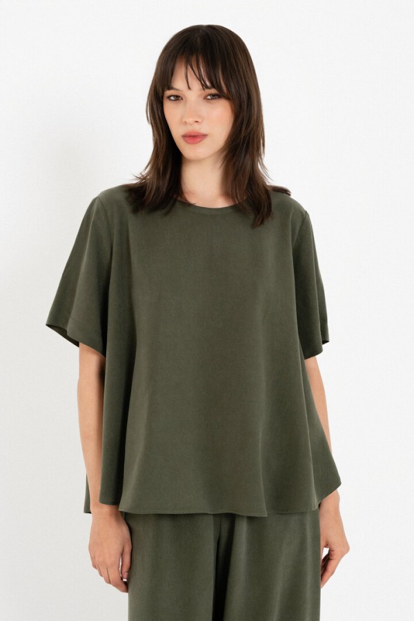 WASHED TENCEL SHORT SLEEVE BLOUSE DARK GREEN