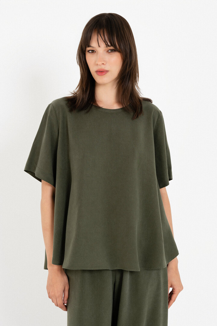 WASHED TENCEL SHORT SLEEVE BLOUSE DARK GREEN