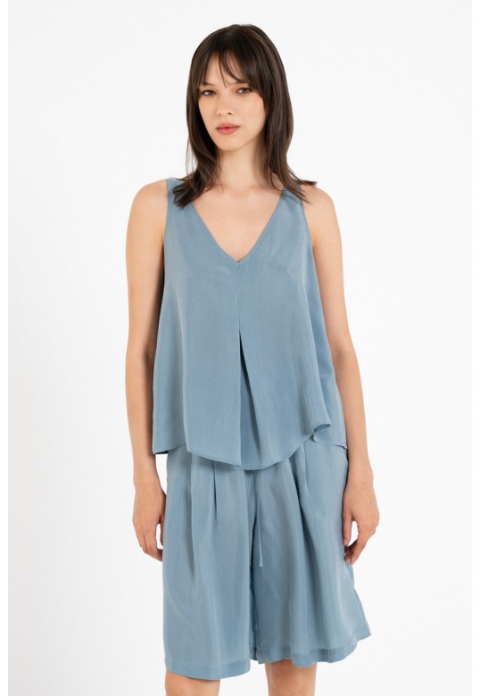 CUPRO V NECK CROPPED TOP DUSTY BLUE