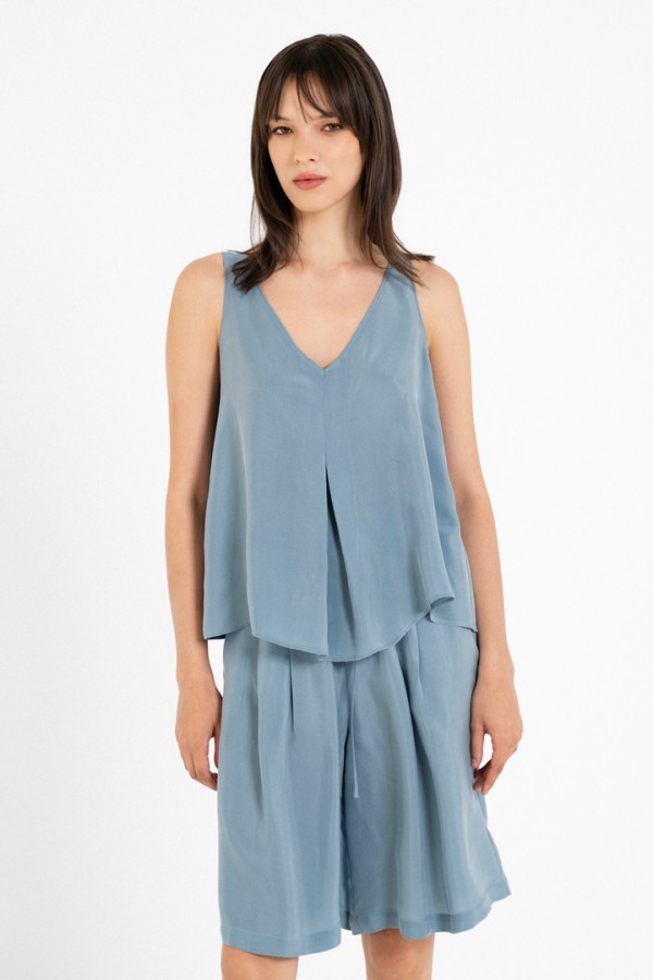 CUPRO V NECK CROPPED TOP DUSTY BLUE