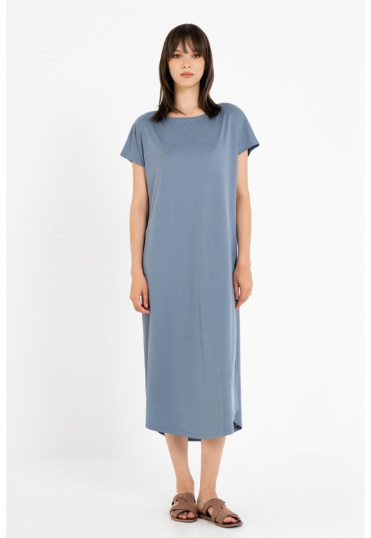 RIB LOOSE DRESS DUSTY BLUE