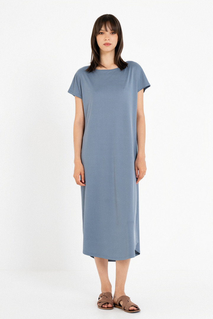 RIB LOOSE DRESS DUSTY BLUE