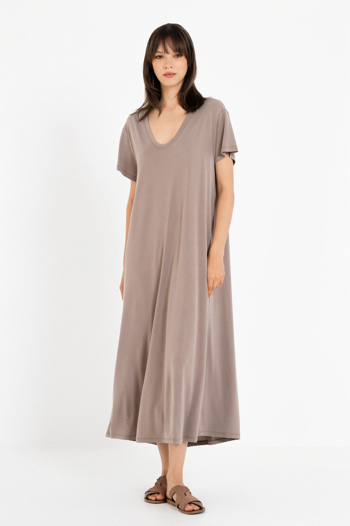 BASIC CUPRO SHORT SLEEVE DRESS TAUPE