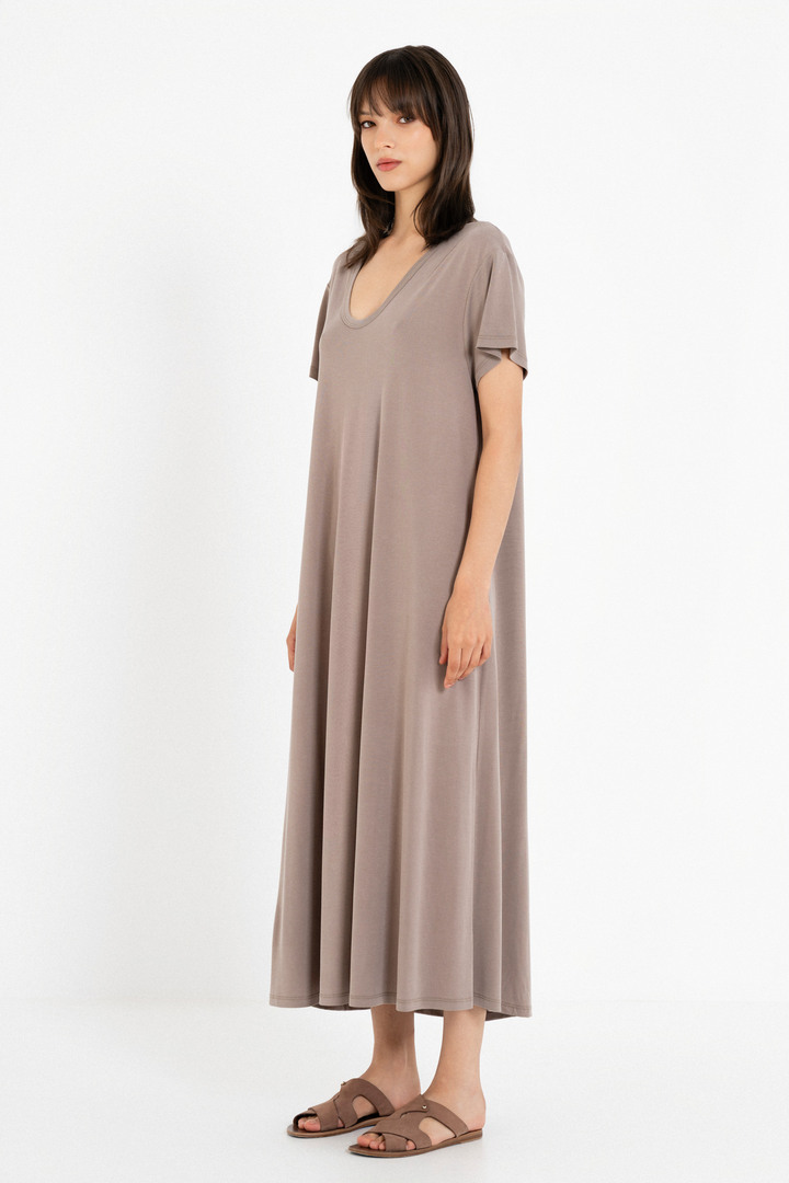 BASIC CUPRO SHORT SLEEVE DRESS TAUPE