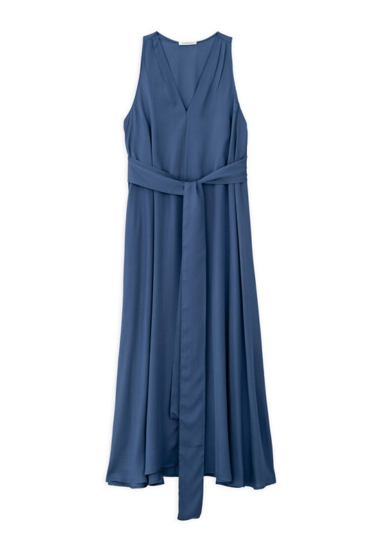 SATIN FINE ECOVERO V NECK DRESS BLUE