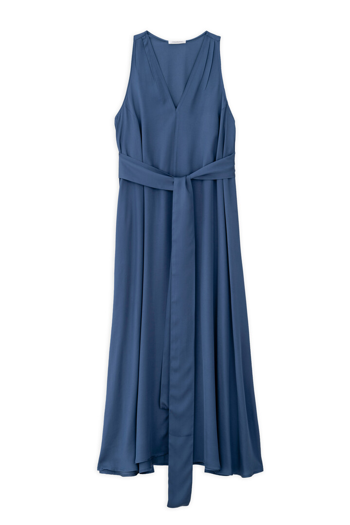 SATIN FINE ECOVERO V NECK DRESS BLUE