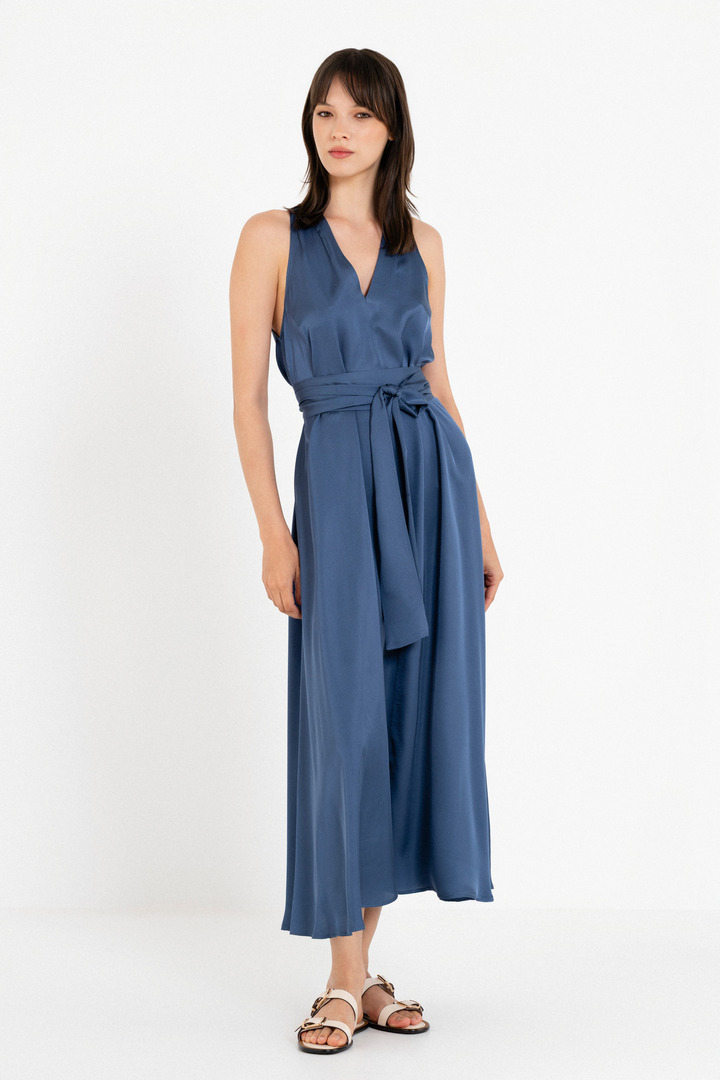 SATIN FINE ECOVERO V NECK DRESS BLUE