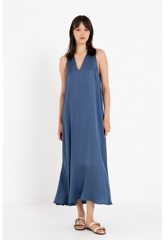SATIN FINE ECOVERO V NECK DRESS BLUE