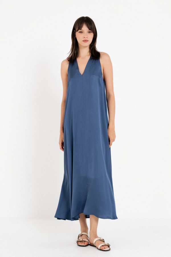 SATIN FINE ECOVERO V NECK DRESS BLUE