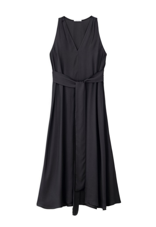 SATIN FINE ECOVERO V NECK DRESS OFF BLACK