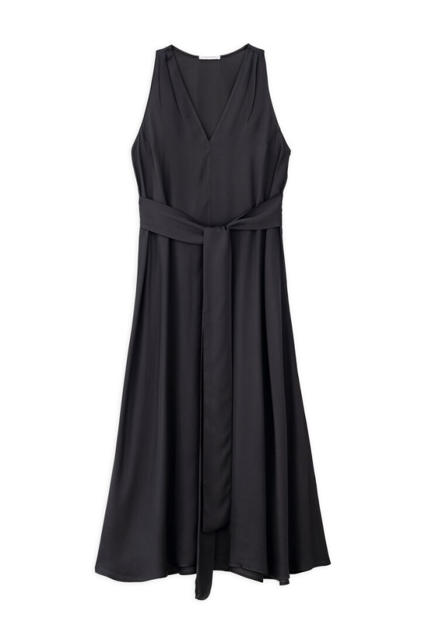 SATIN FINE ECOVERO V NECK DRESS OFF BLACK