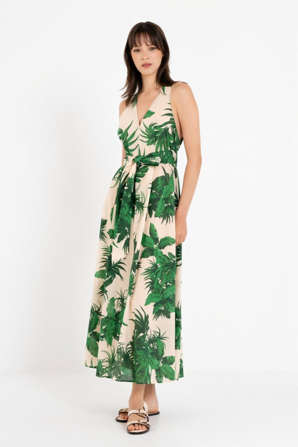 VOILE PRINT SLEEVELESS DRESS GREEN