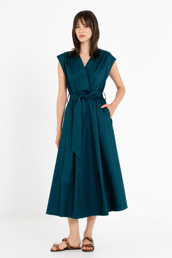 POPLIN WRAP DRESS DARK EMERALD