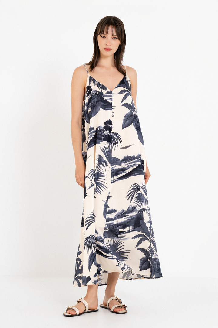 SATIN PRINT SLIP DRESS DARK BLUE