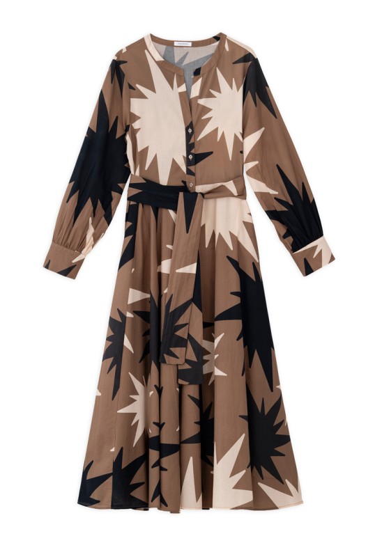 VOILE PRINT LONG SLEEVE SHIRTDRESS TAUPE