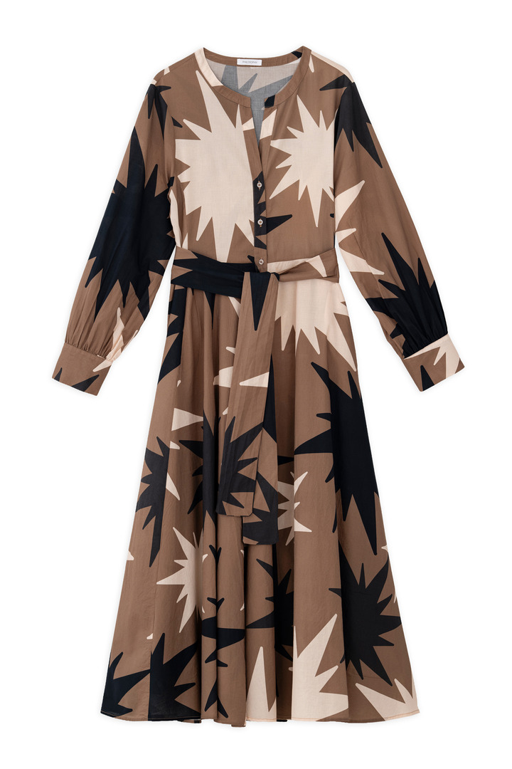 VOILE PRINT LONG SLEEVE SHIRTDRESS TAUPE