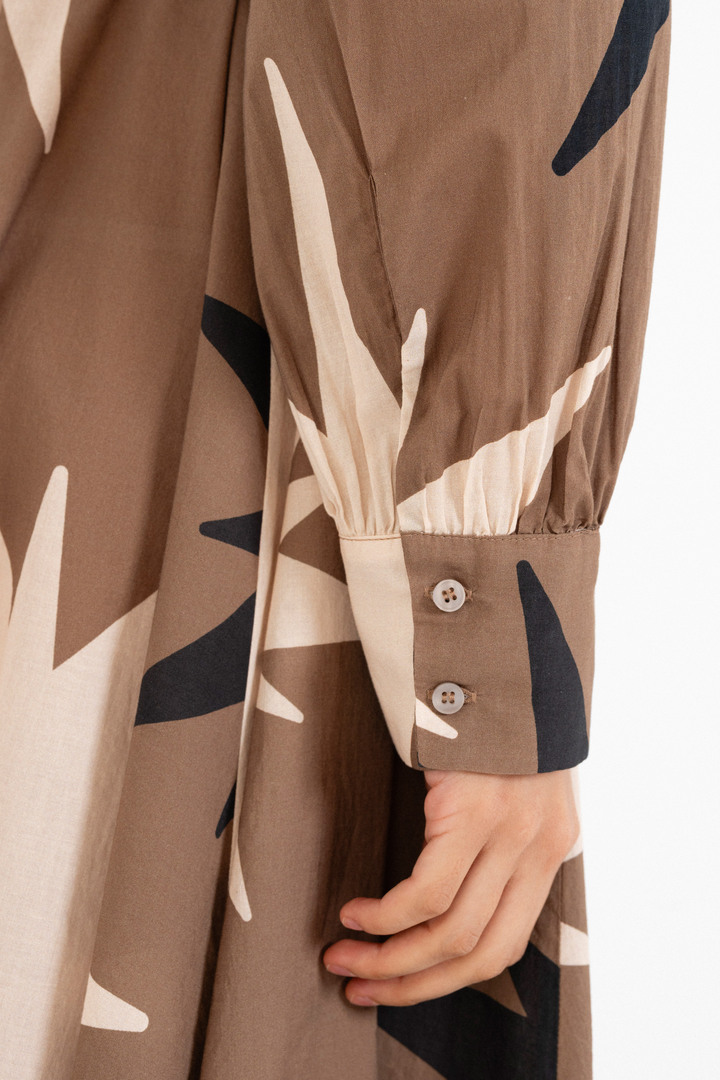 VOILE PRINT LONG SLEEVE SHIRTDRESS TAUPE