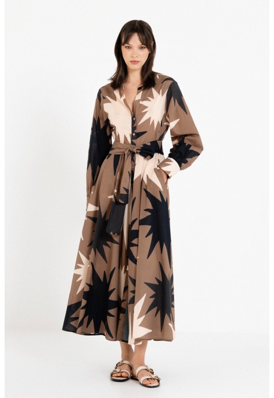 VOILE PRINT LONG SLEEVE SHIRTDRESS TAUPE