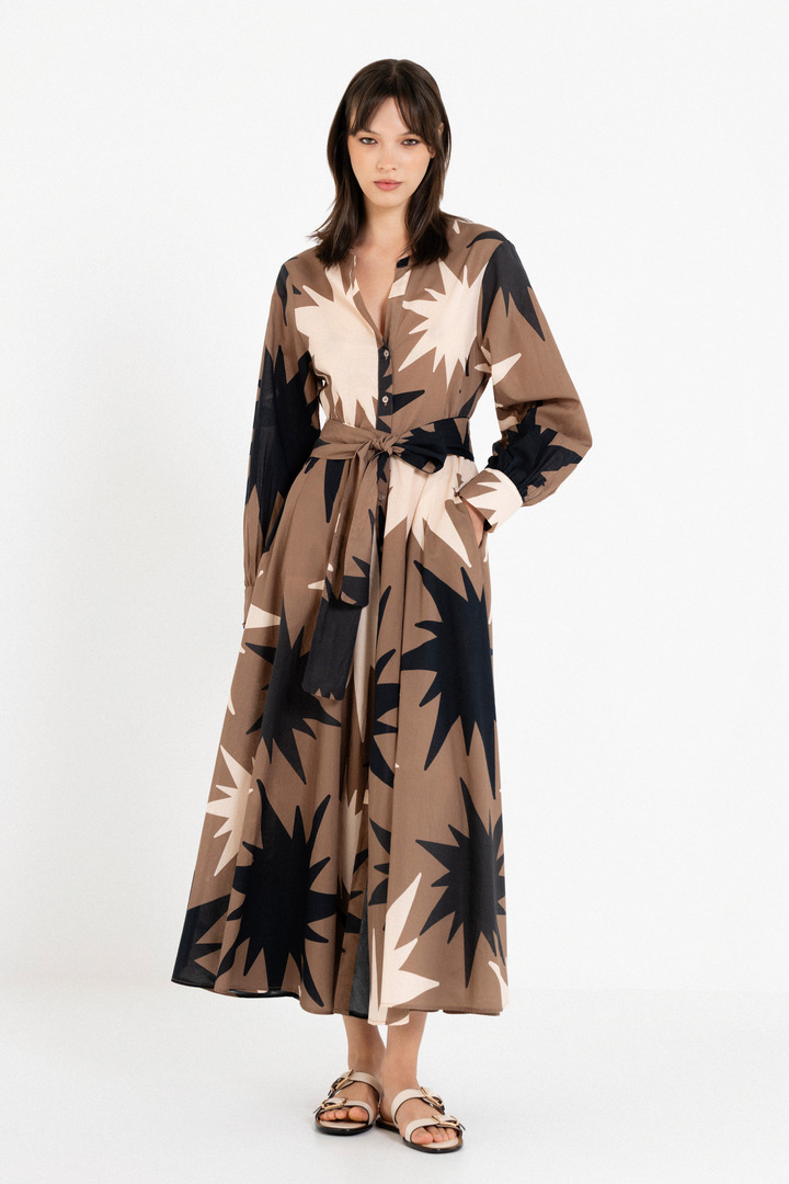 VOILE PRINT LONG SLEEVE SHIRTDRESS TAUPE
